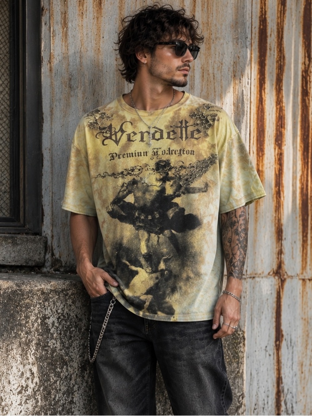 Verdette Glory of an Angel Graphic T Shirt Mens L Distressed Acid Wash Cotton